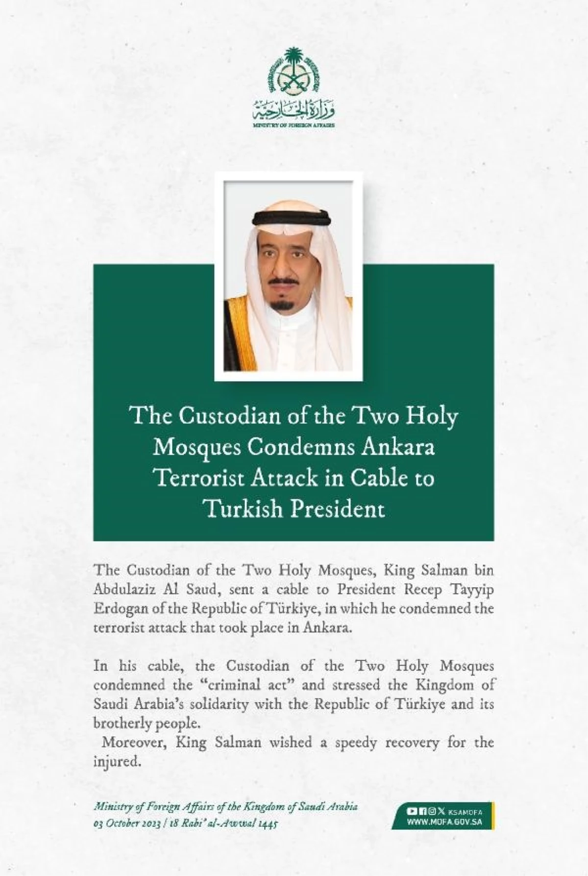 Suudi Arabistan Kralı ve Veliaht Prens\'ten Erdoğan\'a Ankara saldırısı mesajı