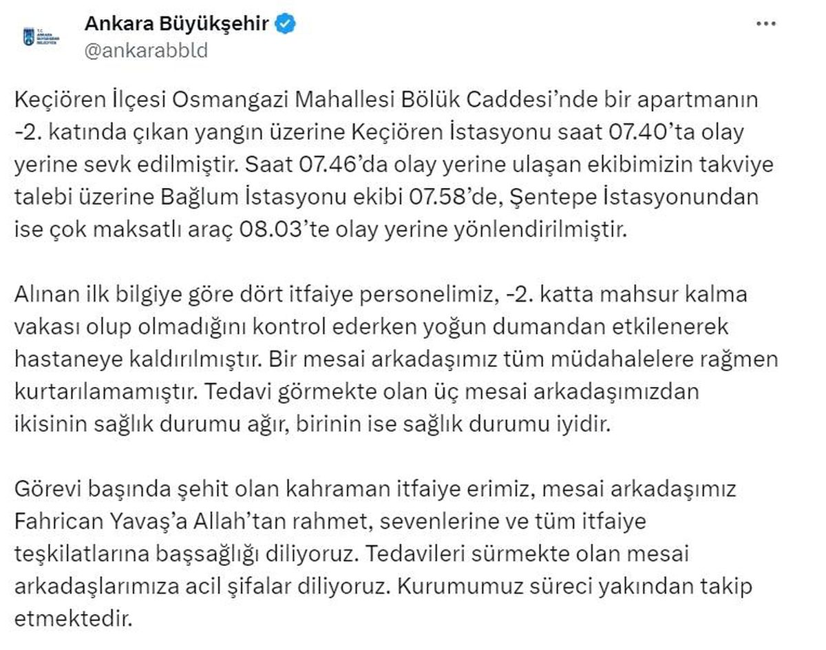 Ankara\'da çıkan yangında 1 itfaiye eri şehit oldu