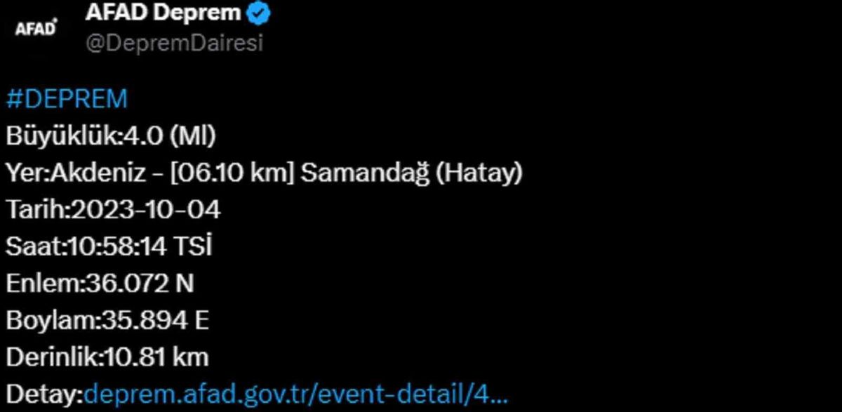 Hatay\'ın Samandağ ilçesinde 4.0 büyüklüğünde deprem