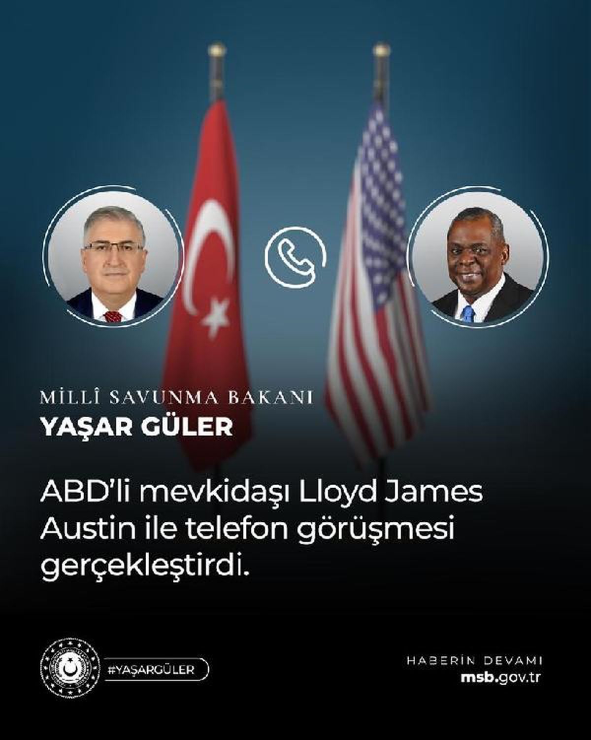 Milli Savunma Bakanı Yaşar Güler ve ABD Savunma Bakanı Lloyd James Austin Arasında Telefon Görüşmesi
