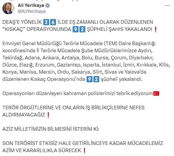 DEAŞ'e yönelik 26 ilde Kıskaç operasyonu! 92 şüpheli yakalandı