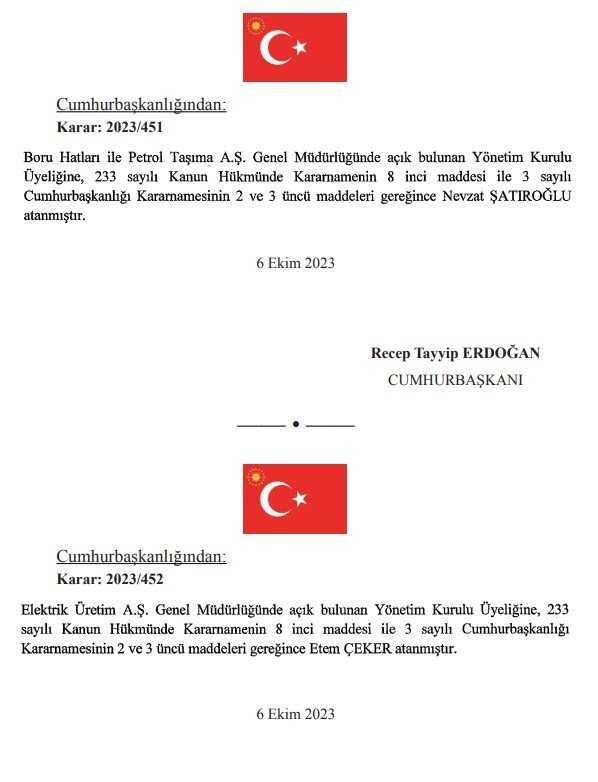 Cumhurbaşkanı Erdoğan'ın imzasıyla yeni atama kararları Resmi Gazete'de yayınlandı