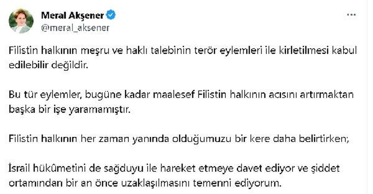 Meral Akşener\'den Filistin\'e Destek Açıklaması