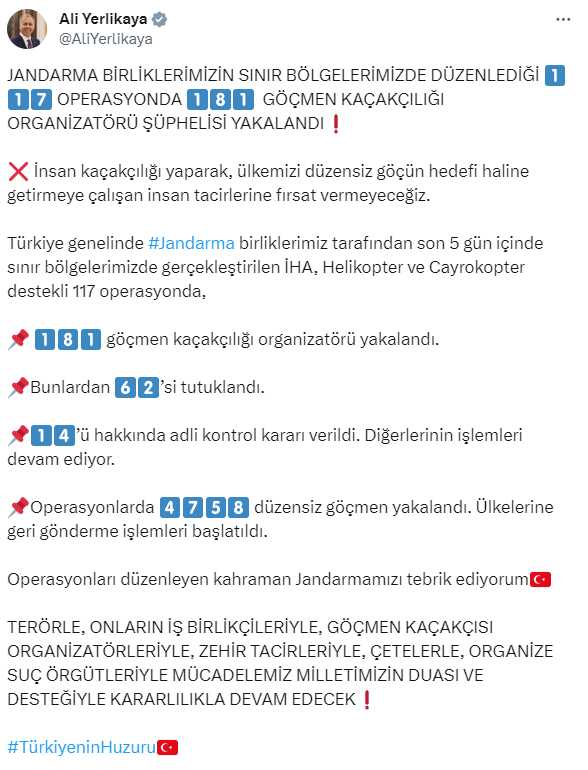 İçişleri Bakanı Yerlikaya: Jandarma operasyonlarında 181 göçmen kaçakçılığı organizatörü yakalandı İçişleri Bakanı Yerlikaya: Jandarma operasyonlarında 181 göçmen kaçakçılığı organizatörü yakalandı