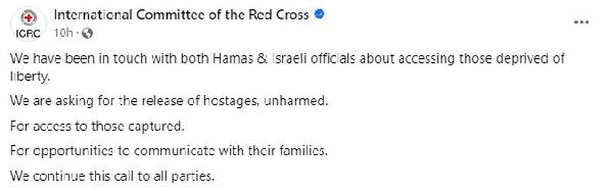 ICRC, Hamas ve İsrailli Yetkililerle Rehineler Konusunda İletişim Halinde