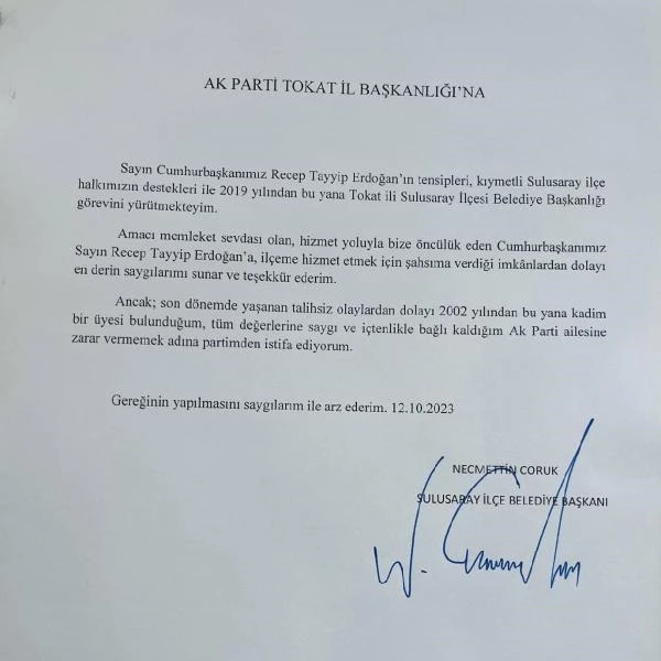 Tokat Belediye Başkanı Necmettin Coruk, partisinden istifa etti