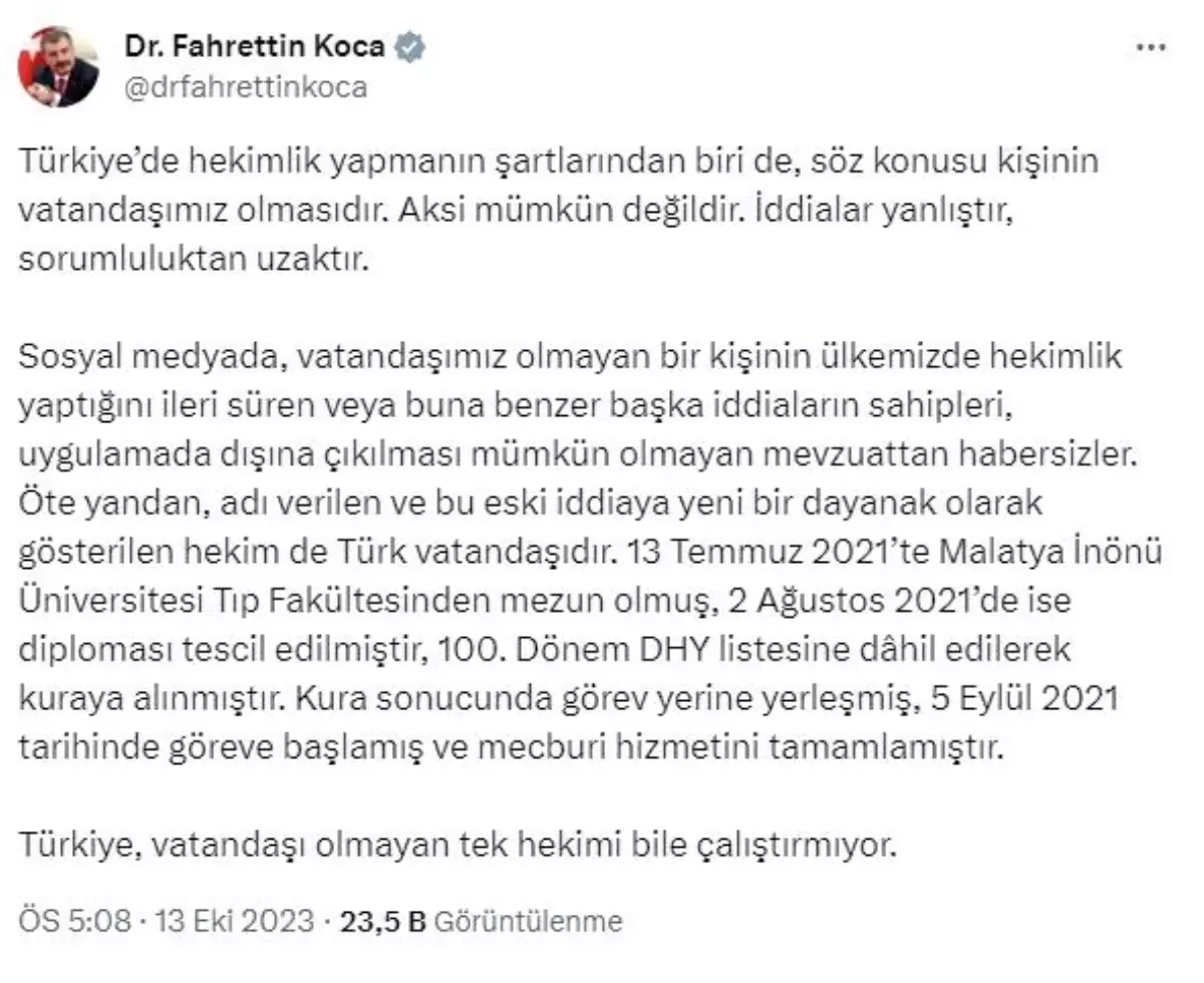 Sağlık Bakanı Fahrettin Koca, Türkiye\'de vatandaşı olmayan doktor iddialarını yalanladı