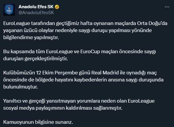 Anadolu Efes'ten 'saygı duruşu' açıklaması: Paylaşımın kaldırılması sağlanmıştır Anadolu Efes'ten 'saygı duruşu' açıklaması: Paylaşımın kaldırılması sağlanmıştır