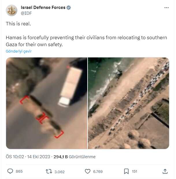 İsrail Savunma Kuvvetleri'nden 'Hamas, Filistinlilerin güneye geçmesini engelliyor' iddiası: Sizi canlı kalkan yapmak istiyorlar İsrail Savunma Kuvvetleri'nden 'Hamas, Filistinlilerin güneye geçmesini engelliyor' iddiası: Sizi canlı kalkan yapmak istiyorlar
