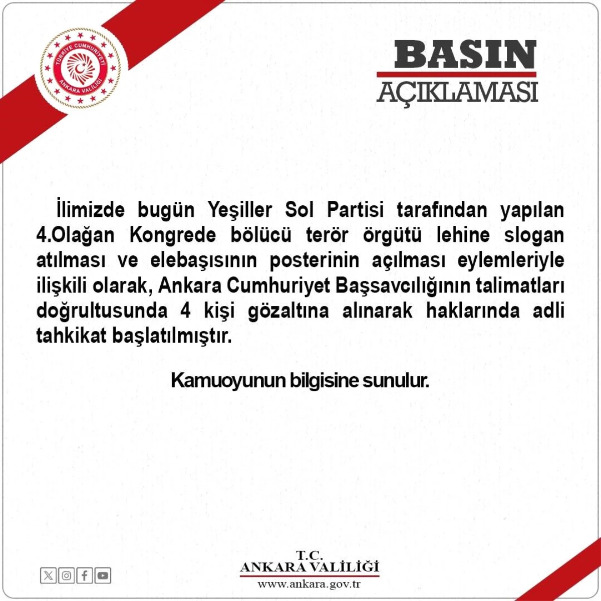 Ankara Valiliği, YSP Kongresinde PKK Propagandası Yapan 4 Kişiyi Gözaltına Aldı