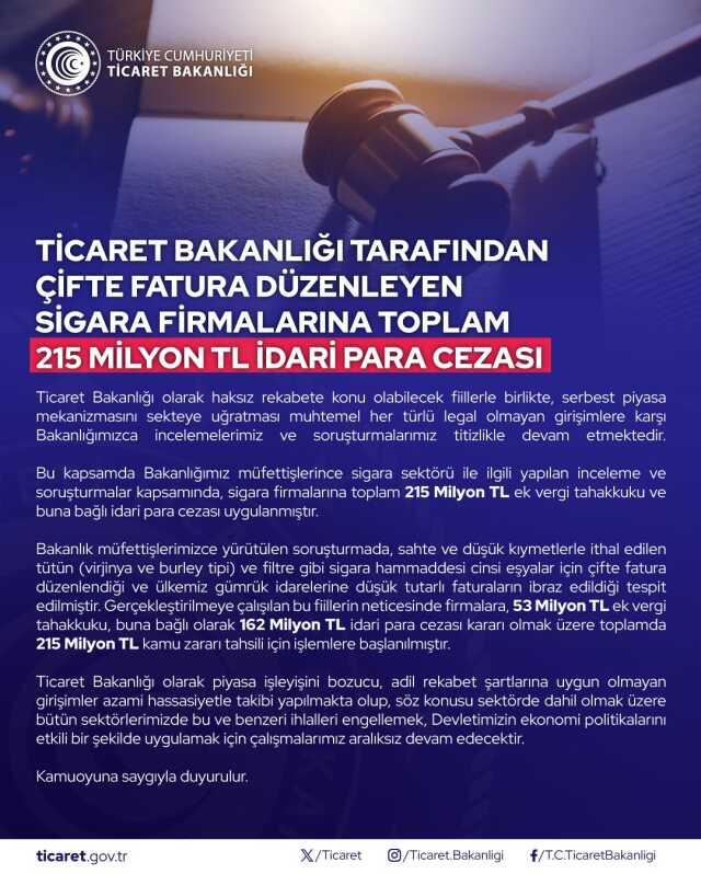 Sigara firmalarına çifte fatura düzenlemekten 215 milyon lira ceza kesildi Sigara firmalarına çifte fatura düzenlemekten 215 milyon lira ceza kesildi