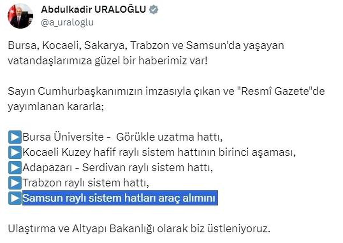 Ulaştırma ve Altyapı Bakanlığı, Samsun raylı sistem hatları araç alımını üstleniyor