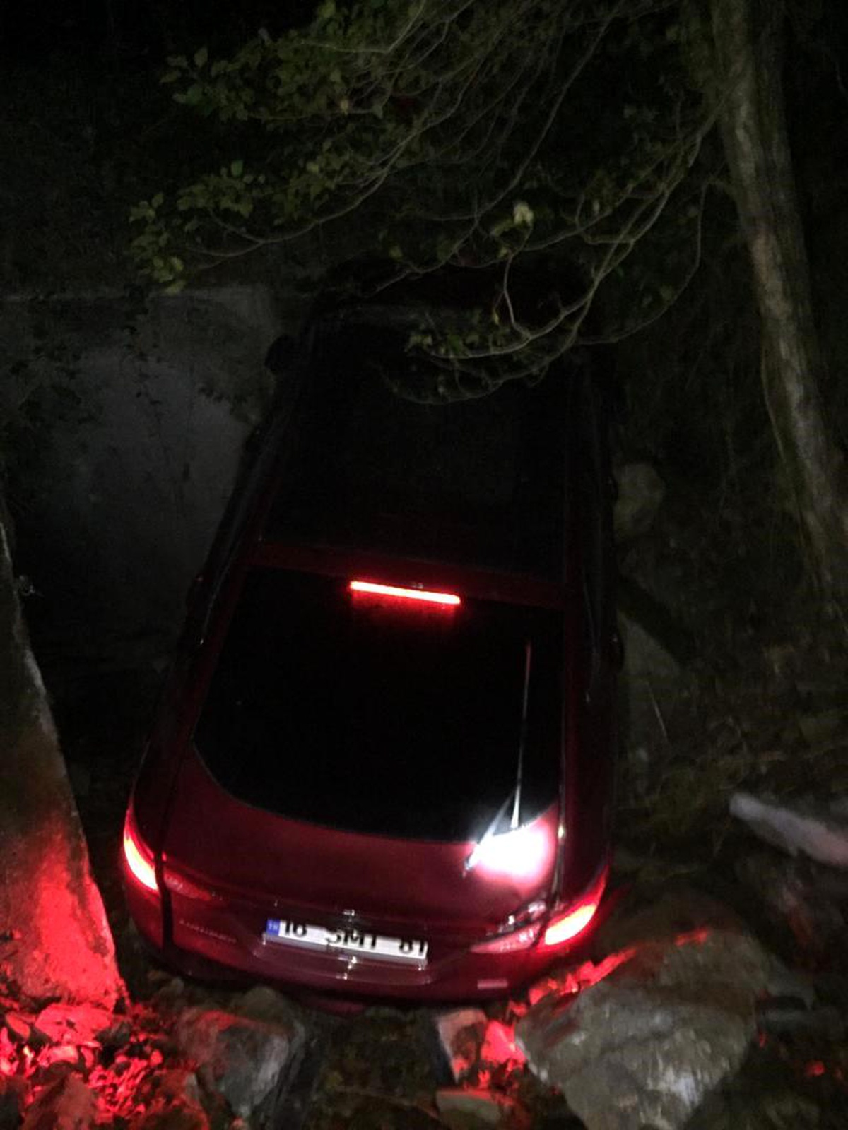 Kayganlaşan yolda otomobil, kontrolden çıkarak şarampole devrildi