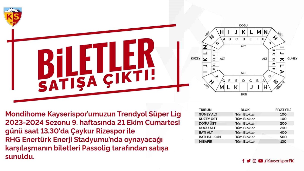 Kayserispor Çaykur Rizespor maçı biletleri satışa çıkarıldı