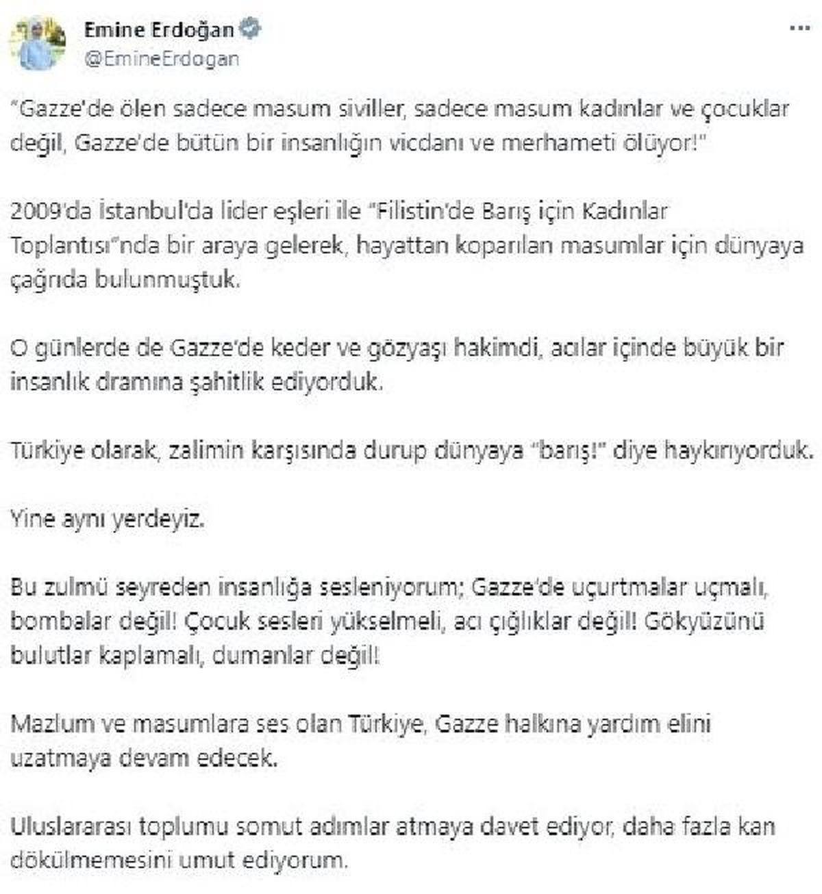 Emine Erdoğan\'dan uluslararası topluma "Gazze için somut adım" çağrısı Açıklaması