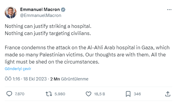 Fransa Cumhurbaşkanı Macron'dan İsrail'in hastane saldırısına tepki