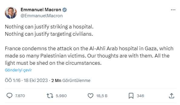 Fransa Cumhurbaşkanı Macron'dan İsrail'in hastane saldırısına tepki Fransa Cumhurbaşkanı Macron'dan İsrail'in hastane saldırısına tepki