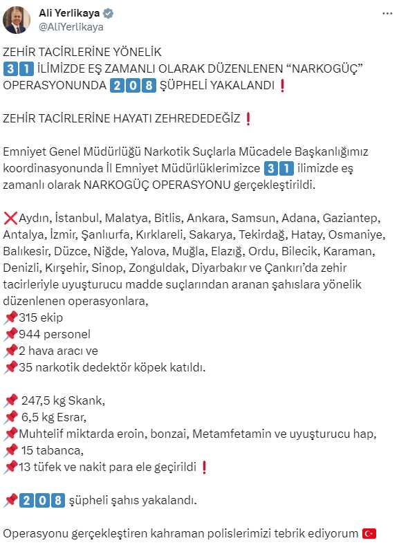 İçişleri Bakanı: NARKOGÜÇ Operasyonunda 208 Şüpheli Yakalandı İçişleri Bakanı: NARKOGÜÇ Operasyonunda 208 Şüpheli Yakalandı