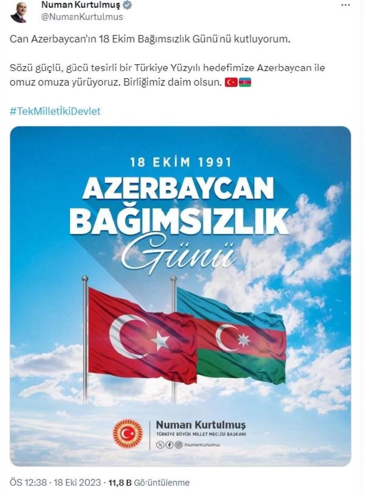 TBMM Başkanı Numan Kurtulmuş, Azerbaycan\'ın Bağımsızlık Günü\'nü kutladı