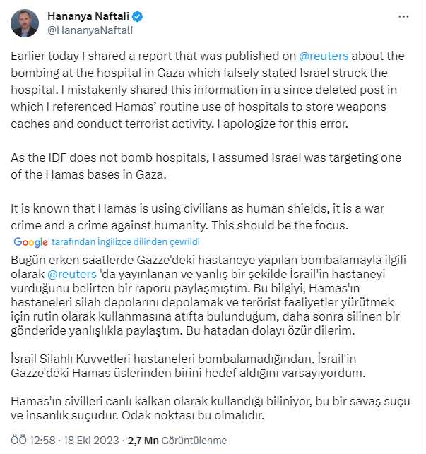 Netanyahu'nun danışmanı, hastane saldırısını İsrail'in yaptığına dair paylaşımını sildi Netanyahu'nun danışmanı, hastane saldırısını İsrail'in yaptığına dair paylaşımını sildi
