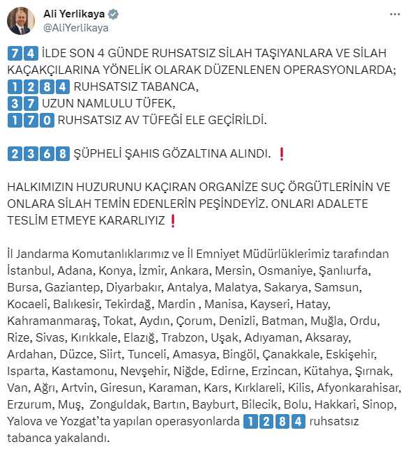 Silah kaçakçılarına yönelik olarak düzenlenen operasyonlarda 2 binden fazla kişi gözaltına alındı Silah kaçakçılarına yönelik olarak düzenlenen operasyonlarda 2 binden fazla kişi gözaltına alındı