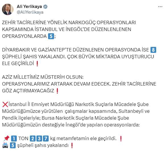İçişleri Bakanı Yerlikaya: NARKOGÜÇ operasyonları kapsamında 13 şüpheli şahıs yakalandı İçişleri Bakanı Yerlikaya: NARKOGÜÇ operasyonları kapsamında 13 şüpheli şahıs yakalandı