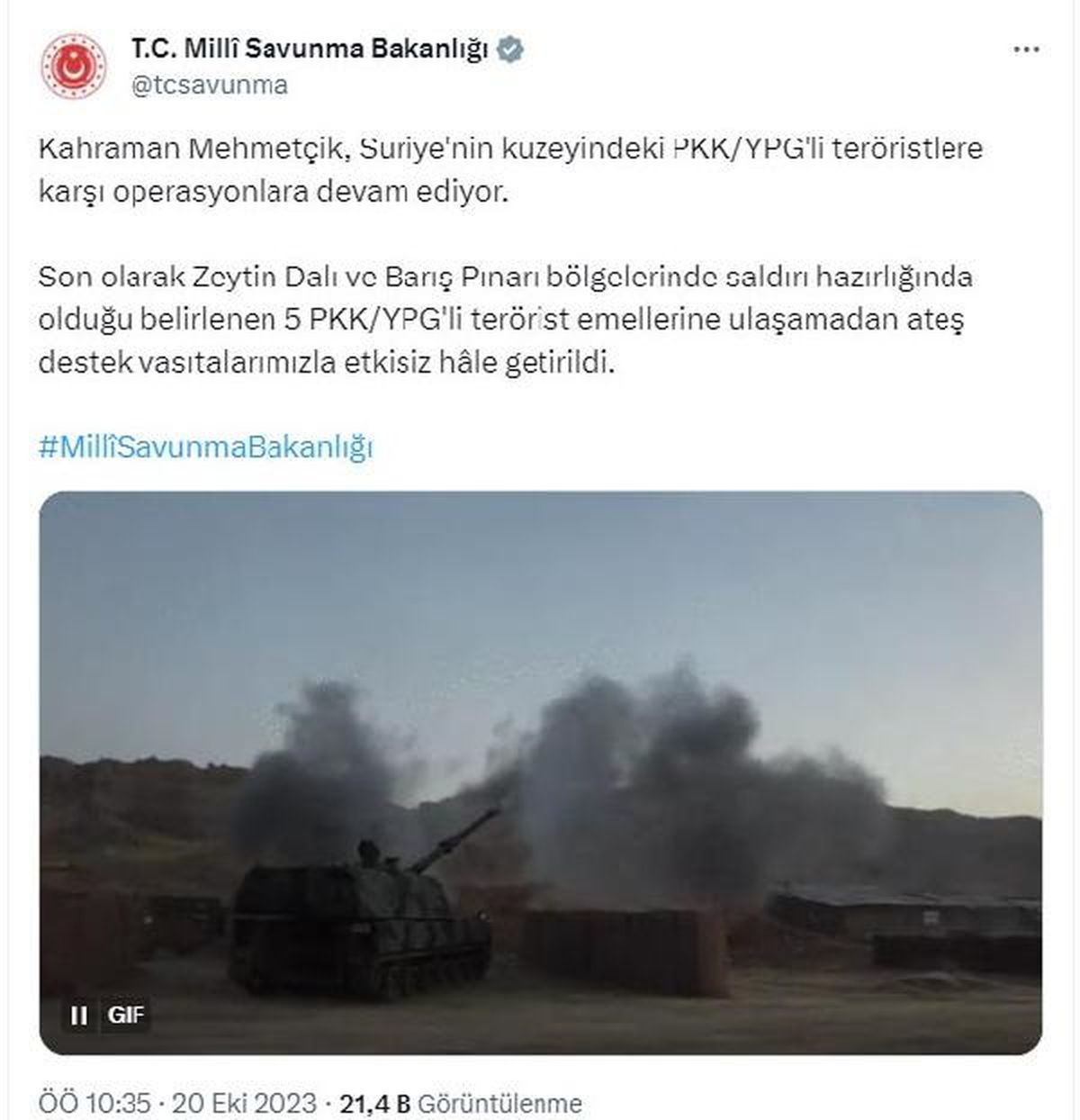 Milli Savunma Bakanlığı, Zeytin Dalı ve Barış Pınarı bölgelerinde 5 PKK/YPG\'li teröristi etkisiz hale getirdi
