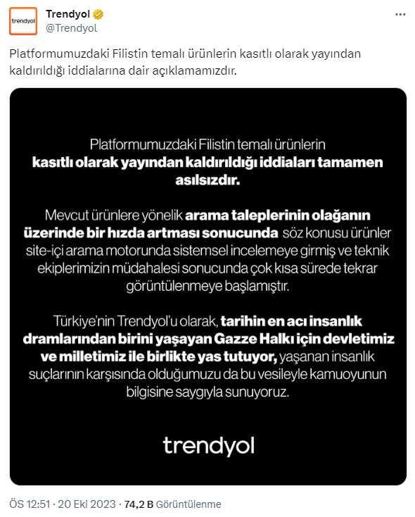 Trendyol, Filistin temalı ürünlerin platformda kasıtlı olarak kaldırıldığı iddialarını yalanladı