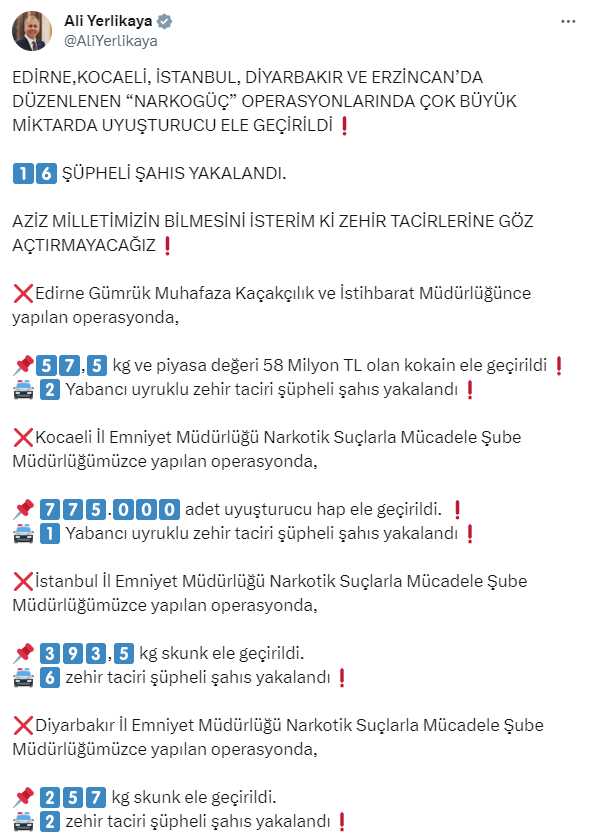 Erzincan'ın da aralarında bulunduğu 5 ilde 'Narkogüç' operasyonu Erzincan'ın da aralarında bulunduğu 5 ilde 'Narkogüç' operasyonu