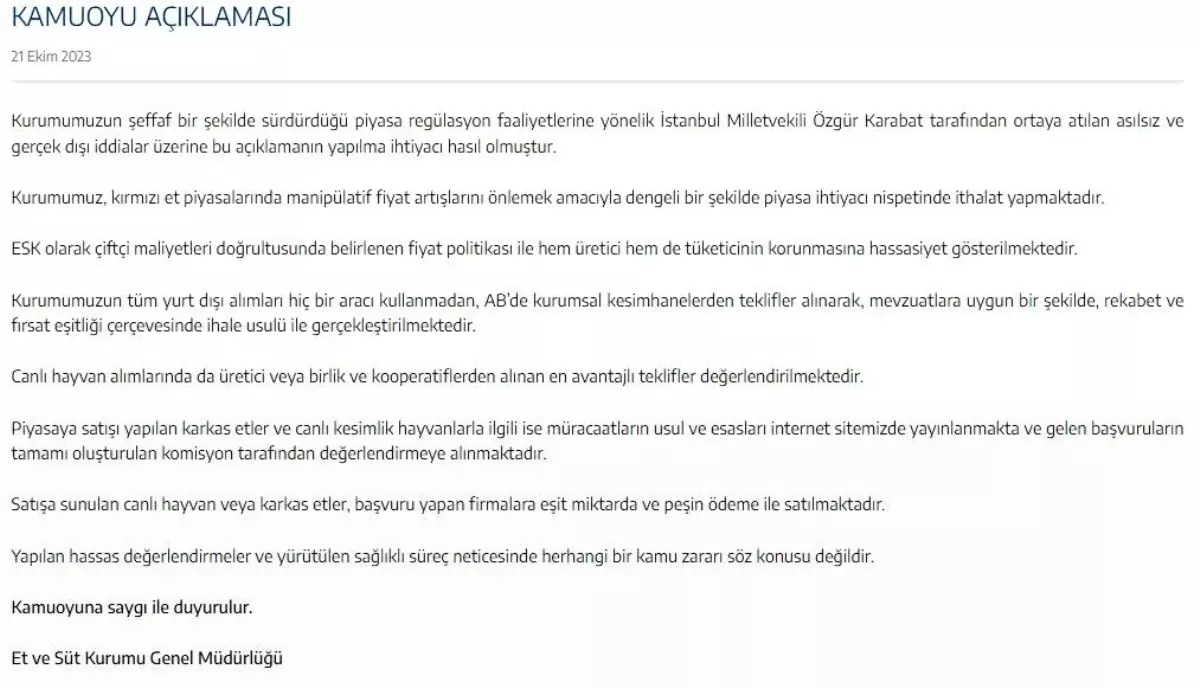 Et ve Süt Kurumu, CHP Milletvekili Özgür Karabat\'ın İddialarına Cevap Verdi