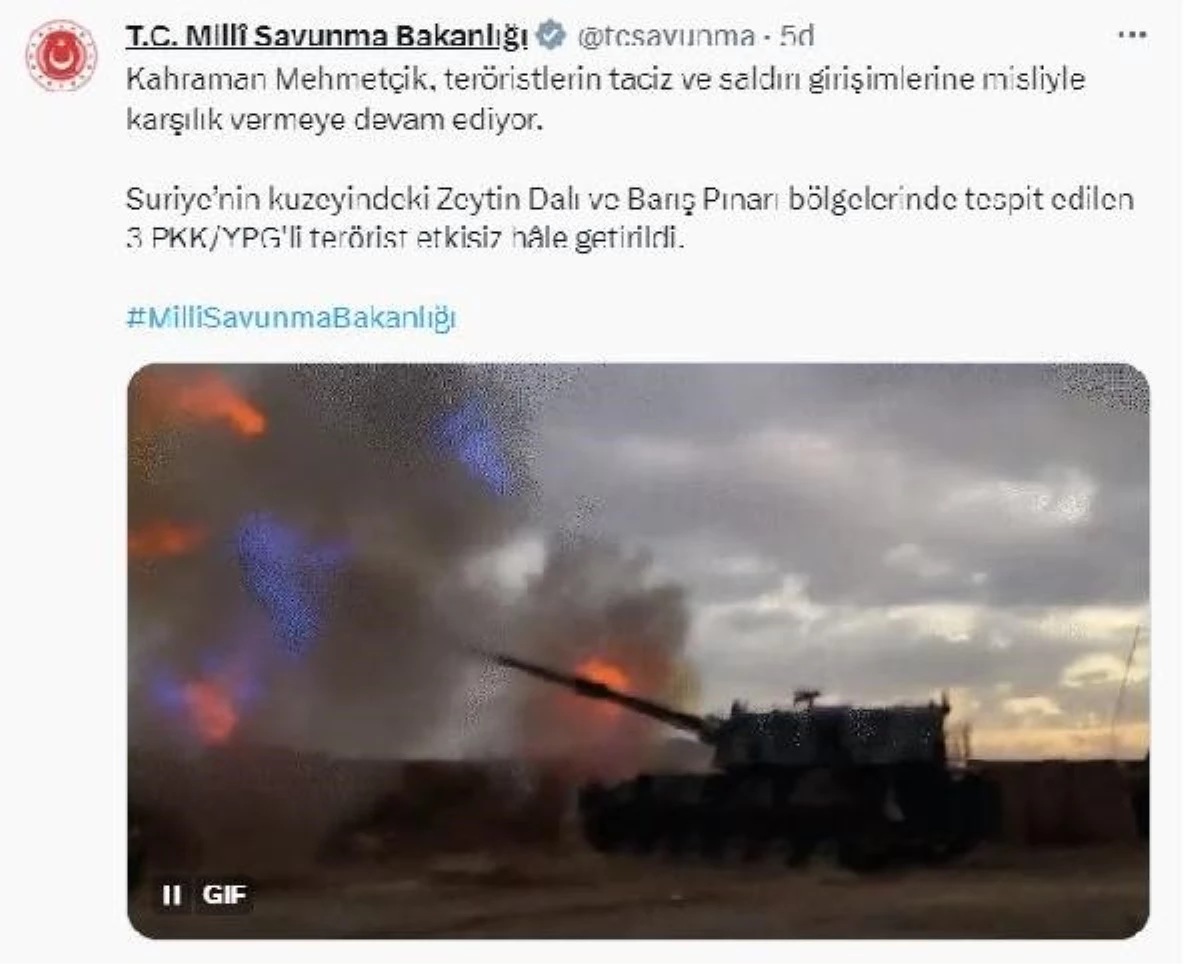 Milli Savunma Bakanlığı: Zeytin Dalı ve Barış Pınarı bölgelerinde 3 PKK/YPG\'li terörist etkisiz hale getirildi