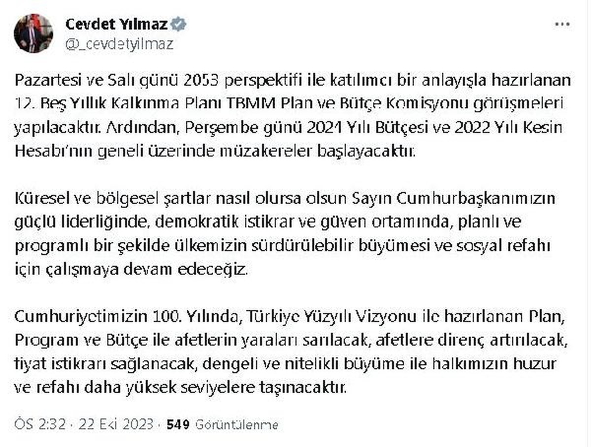 Cevdet Yılmaz: Kalkınma Planı ve Bütçe Afet Yaralarını Saracak