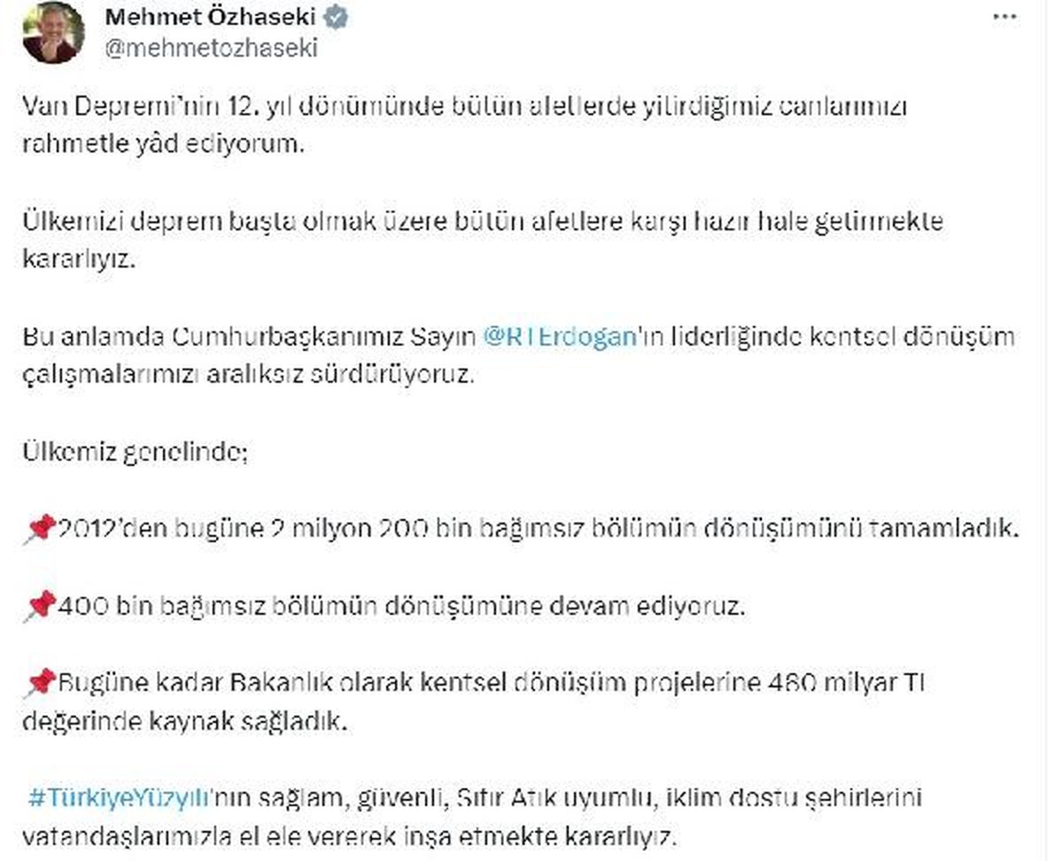 Bakan Özhaseki: "Ülke genelinde, 2 milyon 200 bin bağımsız bölümün dönüşümünü tamamladık"