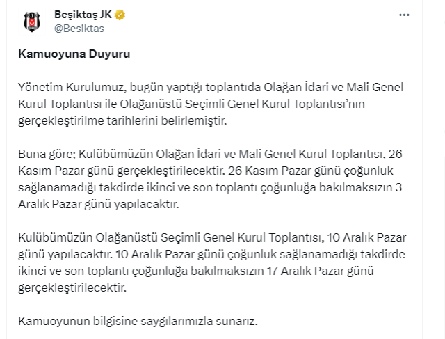 Son Dakika: Beşiktaş'ta başkanlık seçimi yeterli çoğunluk sağlanırsa 10, sağlanamazsa 17 Aralık'ta yapılacak