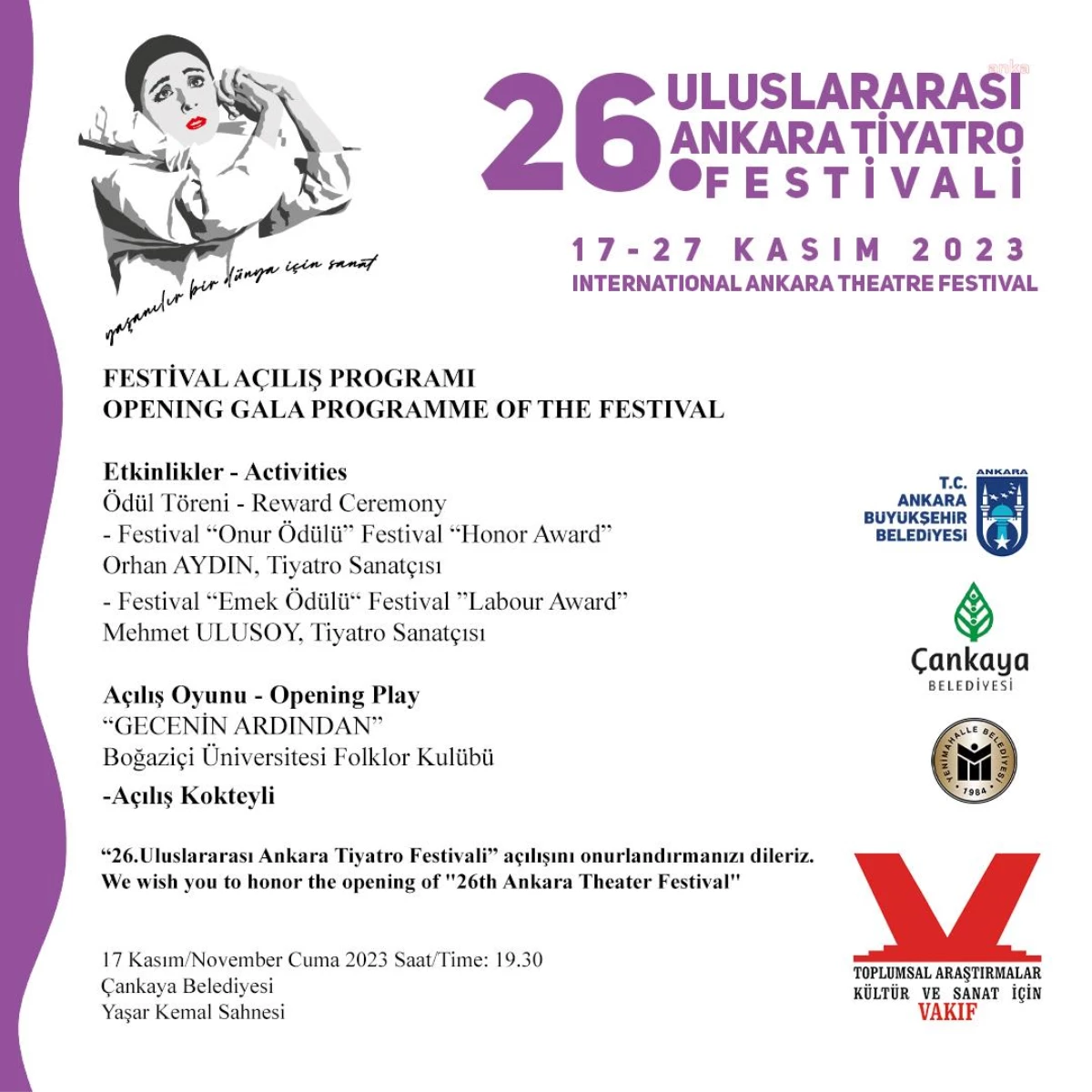 26. Uluslararası Ankara Tiyatro Festivali Programı Belirlendi