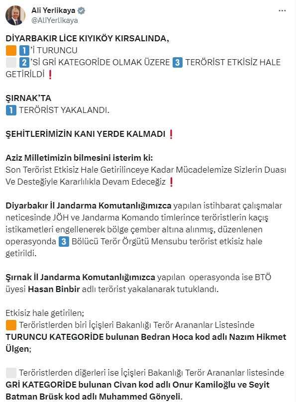 1'i turuncu 2'si gri kategoride olmak üzere 3 terörist etkisiz hale getirildi