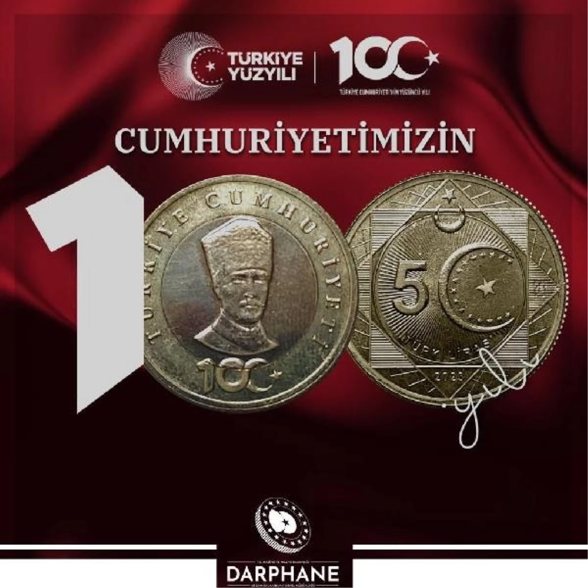 Cumhuriyet\'in 100. yılı için 5 Türk Lirası hatıra parası yarın tedavüle sunulacak