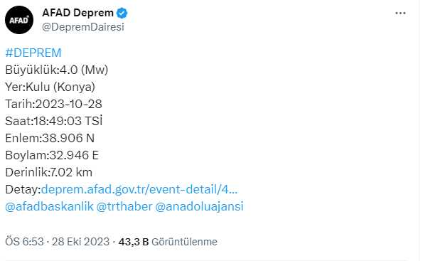 Kulu'da 4 Büyüklüğünde Deprem Meydana Geldi Kulu'da 4 Büyüklüğünde Deprem Meydana Geldi