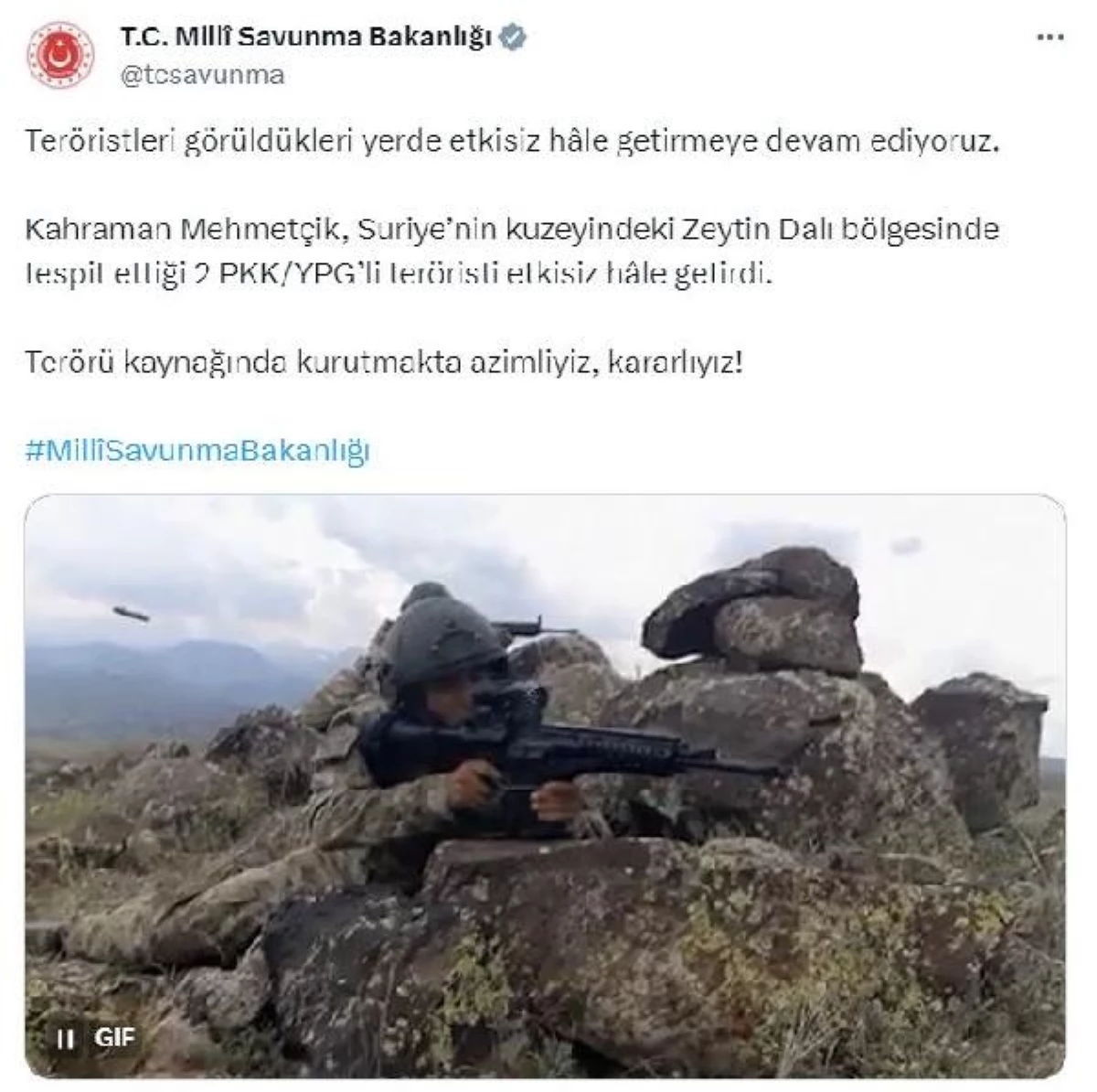 Milli Savunma Bakanlığı, Zeytin Dalı bölgesinde 2 PKK/YPG\'li teröristi etkisiz hale getirdi