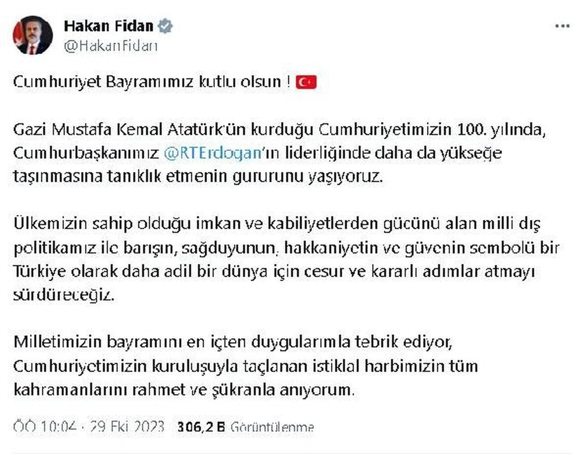 Dışişleri Bakanı Hakan Fidan 29 Ekim Cumhuriyet Bayramı\'nı kutladı
