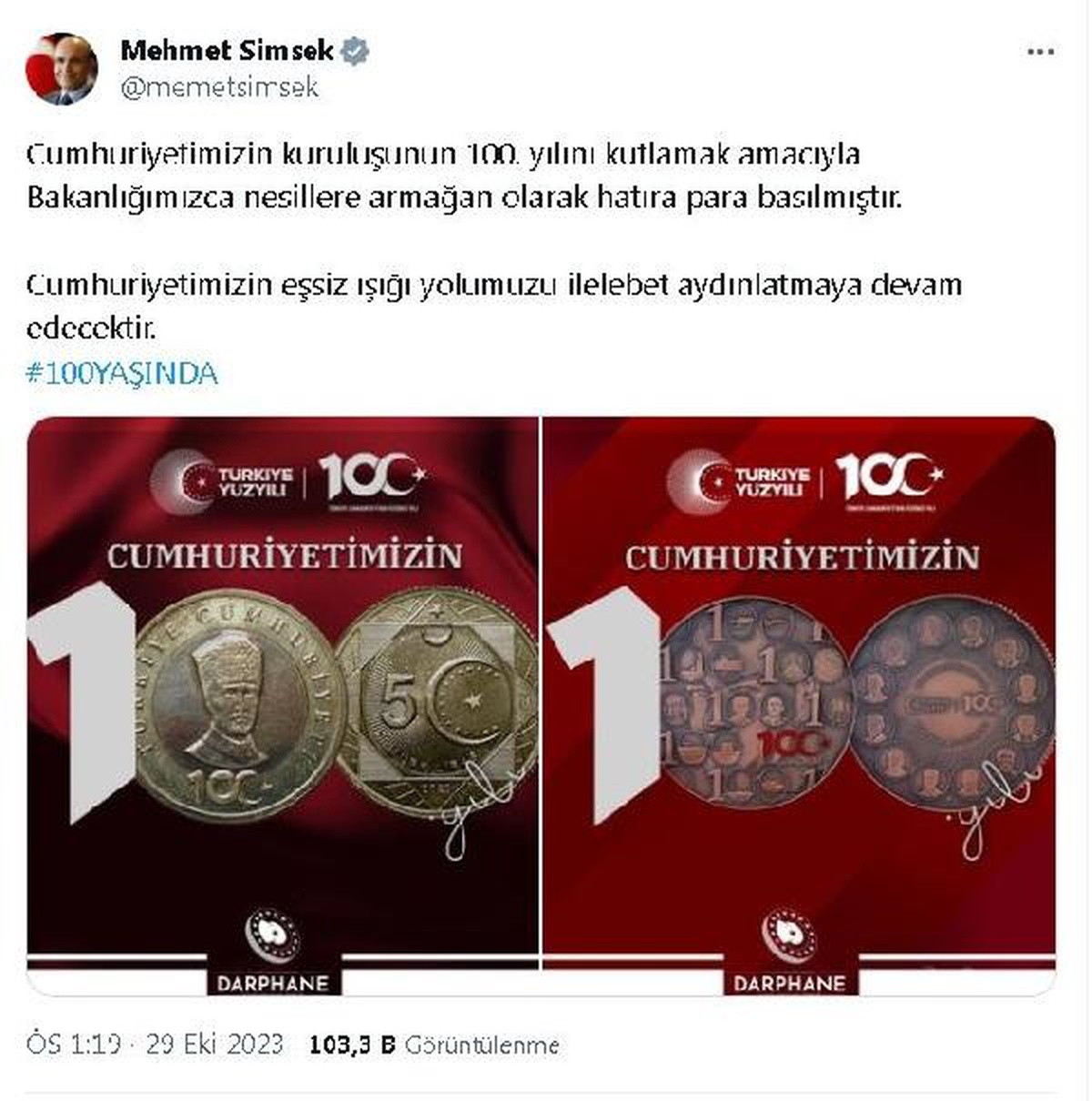 Cumhuriyet\'in 100. yılı için hatıra para basıldı