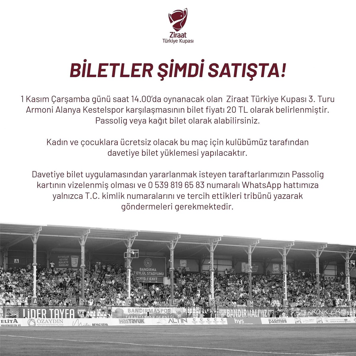 Bandırmaspor - Alanya Kestelspor ZTK 3. Eleme Turu Maçı Biletleri Satışta