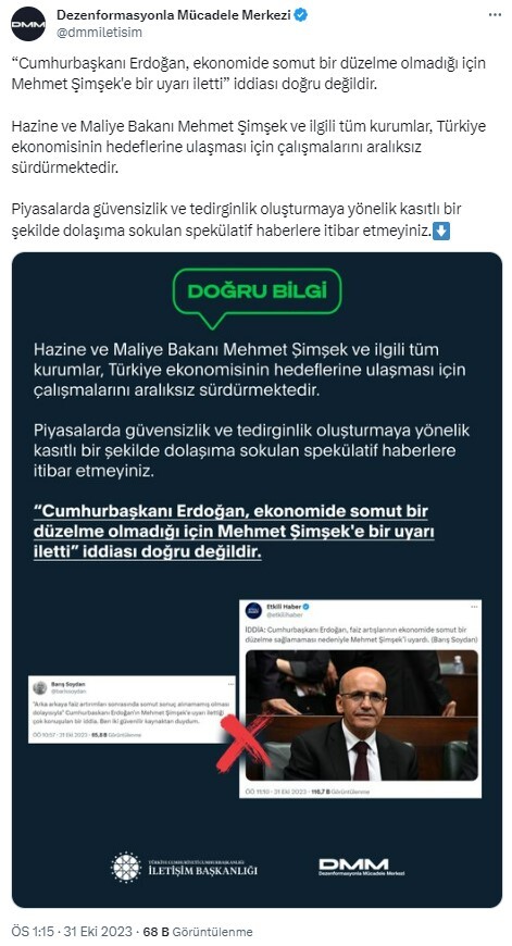 Dezenformasyonla Mücadele Merkezi, 'Cumhurbaşkanı Erdoğan, Bakan Şimşek'i uyardı' iddiasını yalanladı
