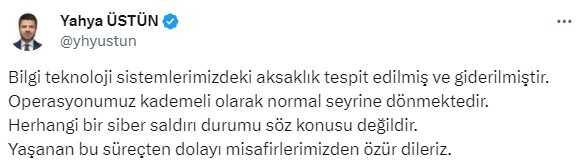 Son Dakika! Türk Hava Yolları'ndan yeni açıklama: Sistemdeki aksaklık giderildi, operasyonumuz kademeli olarak normal seyrine dönmektedir Son Dakika! Türk Hava Yolları'ndan yeni açıklama: Sistemdeki aksaklık giderildi, operasyonumuz kademeli olarak normal seyrine dönmektedir