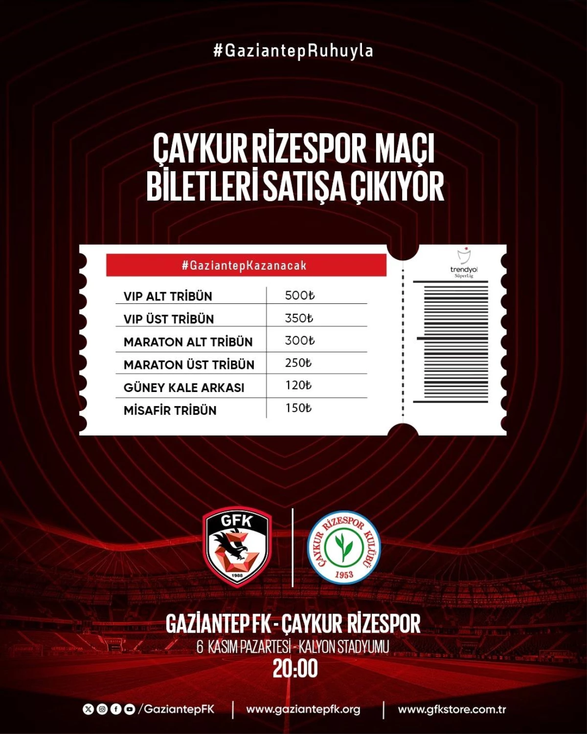 Gaziantep Futbol Kulübü - Çaykur Rizespor maçının biletleri satışa çıktı