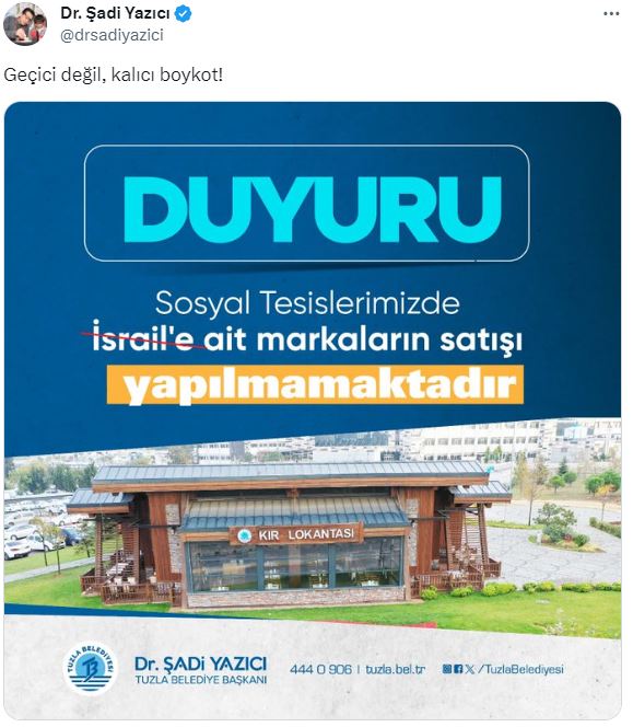 Tuzla Belediye Başkanı Şadi Yazıcı, İsrail ürünlerine kalıcı olarak boykot başlattı