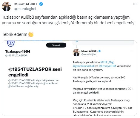 Tuzlaspor, Türk futbolunu çalkalayan iddianın sahibi gazeteci Murat Ağırel'i engelledi