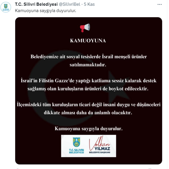 İstanbul ilçe belediyeleri İsrail ürünlerine boykot kampanyası başlattı