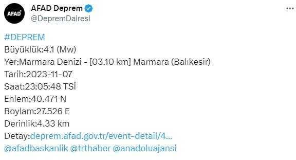 Son Dakika: Marmara Denizi'nde 4.1 büyüklüğünde deprem meydana geldi Son Dakika: Marmara Denizi'nde 4.1 büyüklüğünde deprem meydana geldi