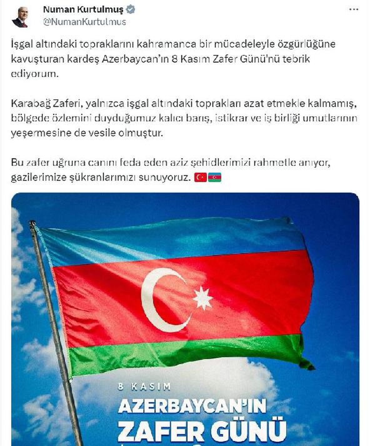 TBMM Başkanı Kurtulmuş, Azerbaycan\'ın Zafer Günü\'nü kutladı